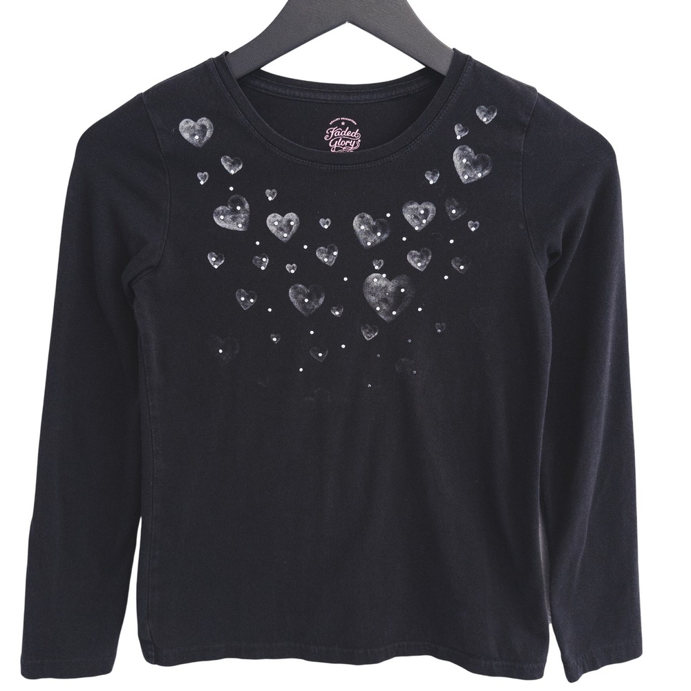 Faded Glory‎ Long Sleeve Shirt Girls Large 10-12 Black Heart Graphic Tee